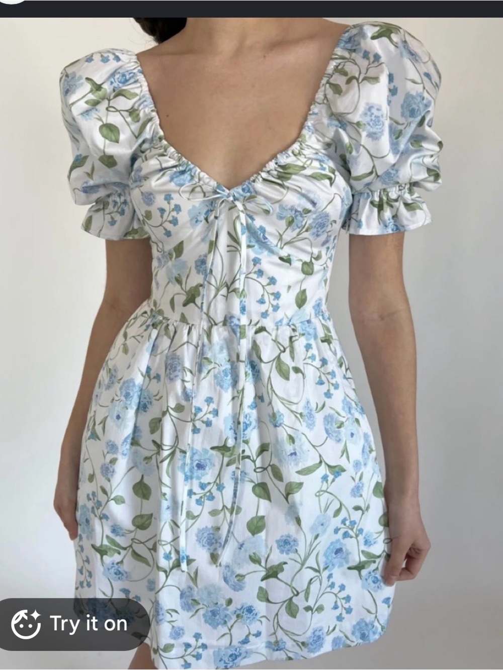 Hill House White Mini Dress with Blue Floral & Green Vine Print